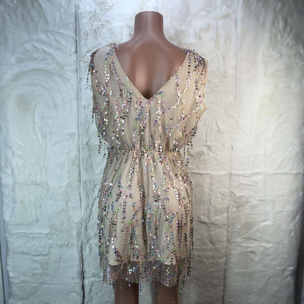 Southern Fried Chics Mini Dress Womens XL  Beige Shimmy For Me Mesh Sequins - Picture 13 of 16